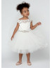 Ivory Lace Tulle V Back Tea Length Flower Girl Dress